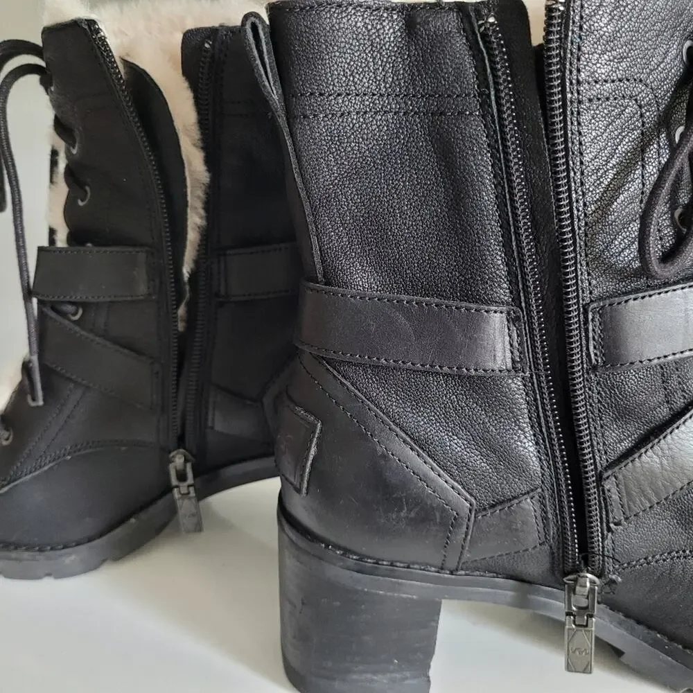 UGG Ingrid Black Leather Shearling Lug Sole Moto Combat Boots Size 7